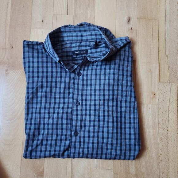 Van Heusen Mens Gray/Black Classic Fit Plaid Button Down, Size: (Medium 15-15.5) - Picture 2 of 7